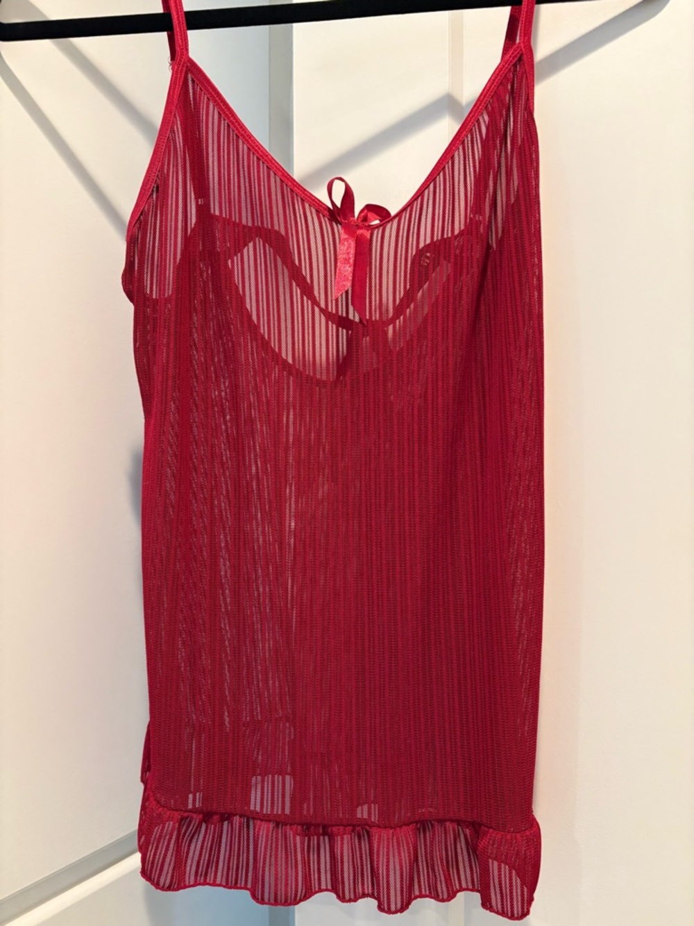 Red Sheer Striped Lingerie Slip with Bow Detail